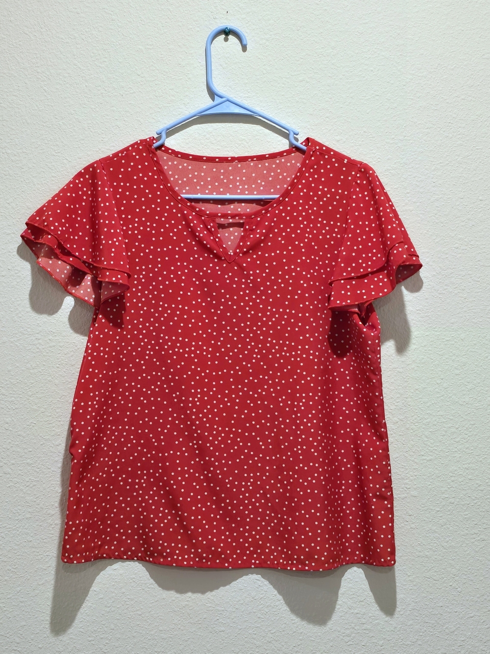Red Polka Dot V-Neck Flutter Sleeve Blouse